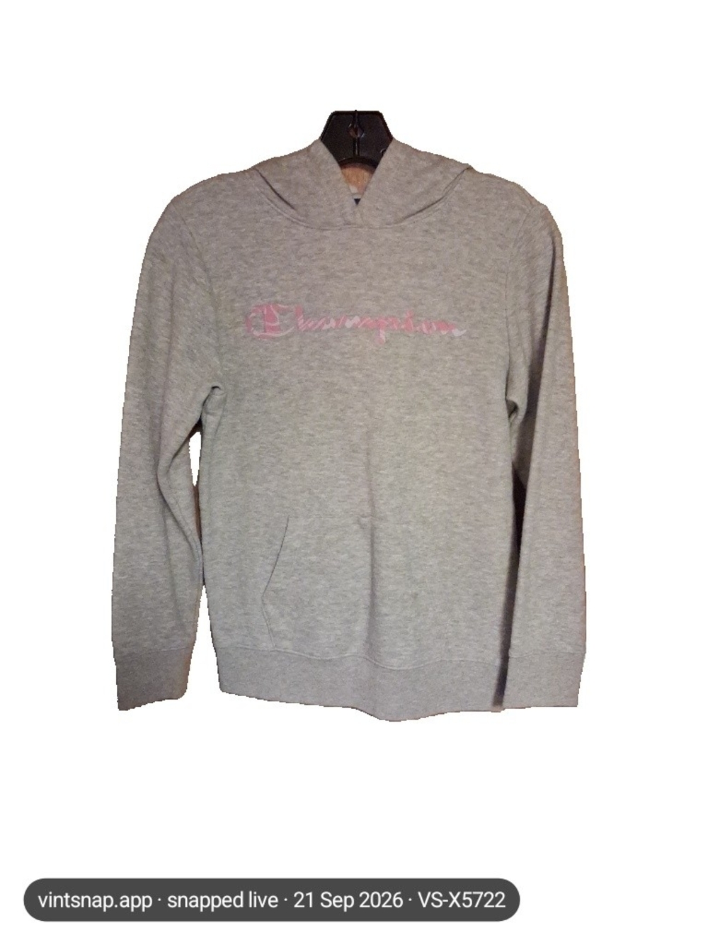 Champion Light Gray Crewneck Sweatshirt with Pink Script Logo